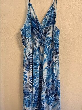 Blue Tropical Print Maxi Dress - Sleeveless Wrap Style